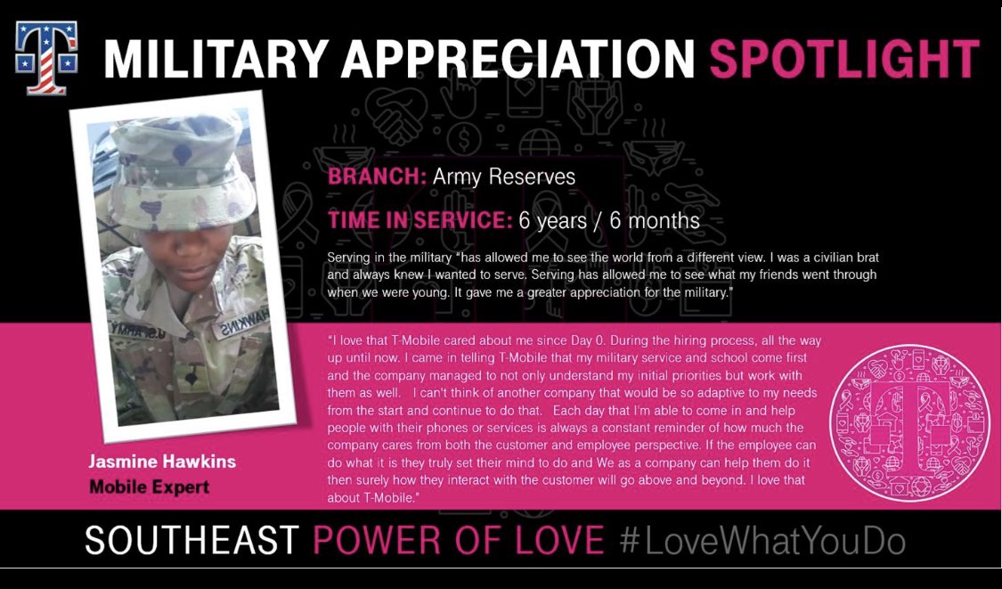 Spotlight on @JakaGermany, this #MilitaryAppreciationMonth. She appreciates the #BeYou philosophy @Tmobile. We love supporting your passion and goals, Jasmine! #SEPowerOfLove! #WeSaluteYou and thank you for your service!