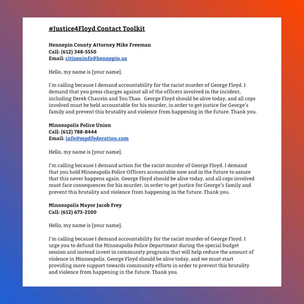 COPALMN's tweet photo. CALL TO ACTION: A coalition of organizers in Minnesota has developed a toolkit to demand justice for George Floyd. George was murdered by the MPD on Monday, May 25, 2020, and the police and system responsible must face justice. Take 15 minutes of your time to do the following. https://t.co/WiXlRMdhMy