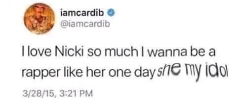 Andremolina0's tweet photo. @iamcardib your name is carsi and everyone calls you nicki minaj's servant, because you imitate her very bad hahaha https://t.co/6qbtvwdTgO