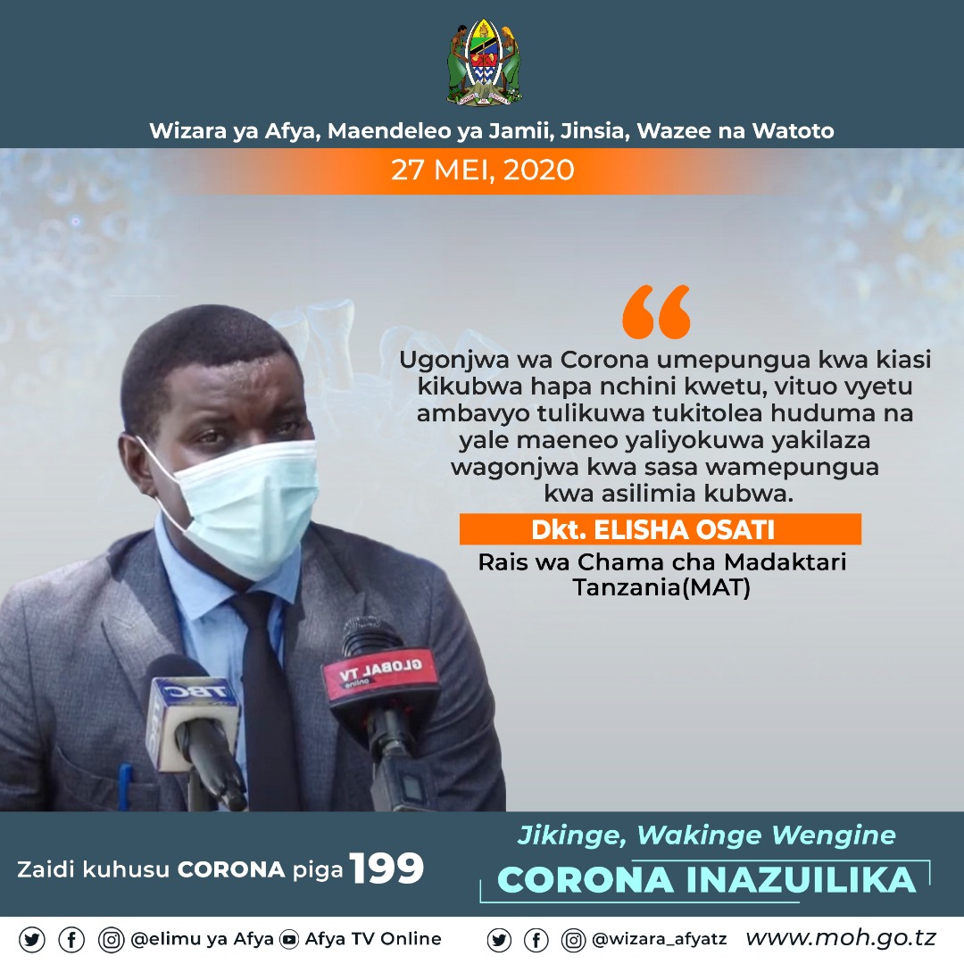 ElishaOsati's tweet photo. Mwenendo wa COVID-19 unaonyesha ugonjwa unapungua kwa kiasi kikubwa nchini. Tunamshukuru sana Mungu kwa kuendelea kutupigania. Tunamshukuru pia @MagufuliJP kwa kutoa uelekeo mzuri kwa Taifa. Jamii iendelee kuchukua tahadhari dhidi ya COVID-19 #safehands #Barakoa #SocialDistancing https://t.co/jrCALDjYnQ