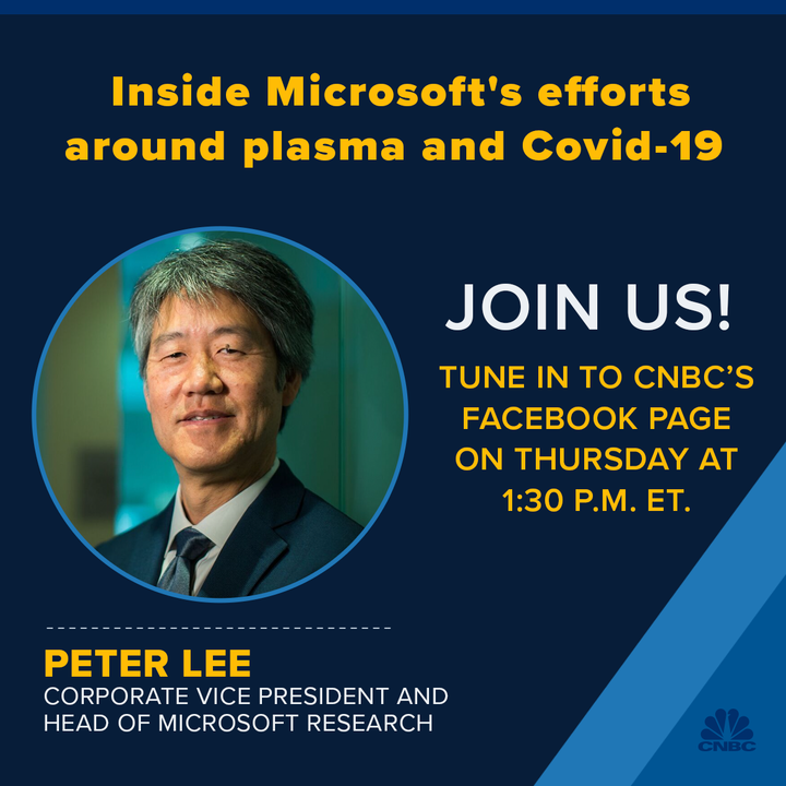 chrissyfarr's tweet photo. Mark your cals: 

There's promise in developing new therapies based on survivors’ blood plasma - but there's a shortage of donors. Join us on @CNBC's Facebook Live tomorrow to hear from Microsoft's research chief @peteratmsr about efforts to fix that with a self-screening tool. https://t.co/gLdBpjvyew