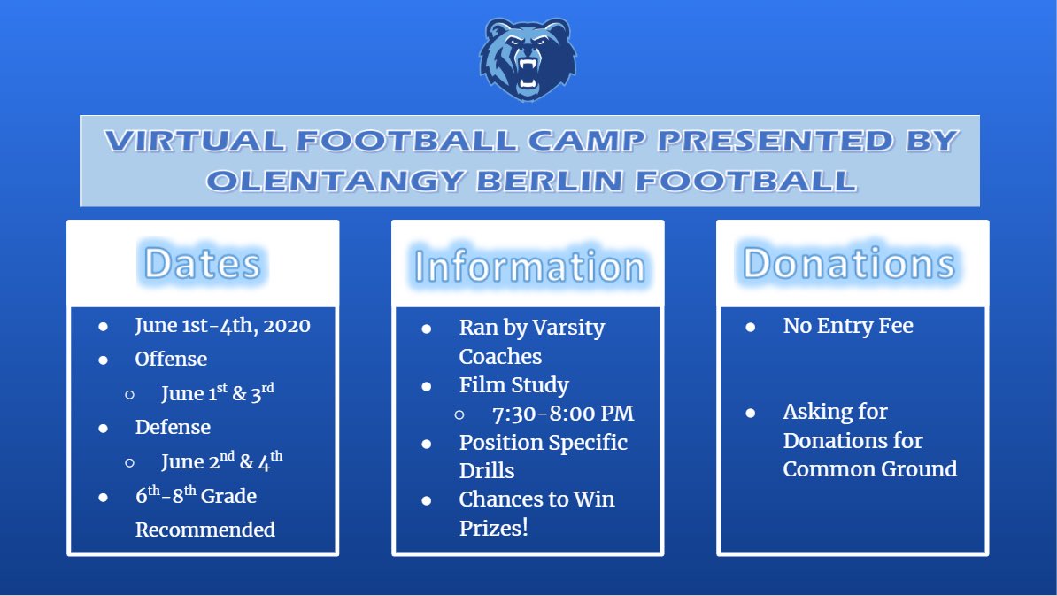 Berlin_Bears_FB's tweet photo. Join us for our Virtual Football Camp, hosted by our Varsity Staff! Recommended for 6th-8th Grade. FREE ADMISSION! We are asking for donations for Common Ground instead. Look out sign up and donation information soon. #Local3140 https://t.co/LnyFeVnmf1