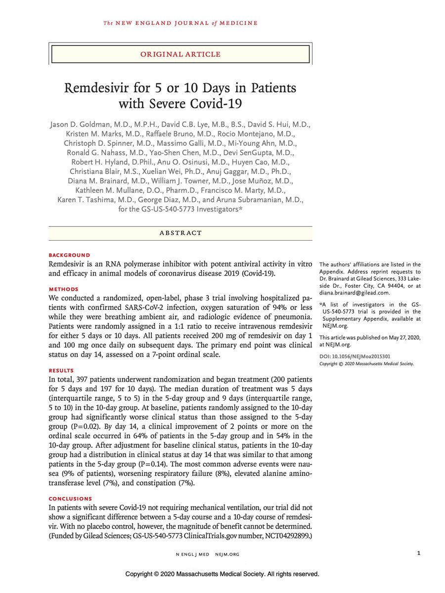 FranciscoMarty_'s tweet photo. #Remdesivir 5 vs. 10 day treatment trial for #severe #COVID19 is out!
- 5 days enough for most patients (shorter is good)
- Outcome strongly influenced by severity of disease within stratum (earlier is better)
- Outcomes comparable to #ACTT1 overall

link:https://t.co/f9r35d6ehr https://t.co/bdMkk65OLj