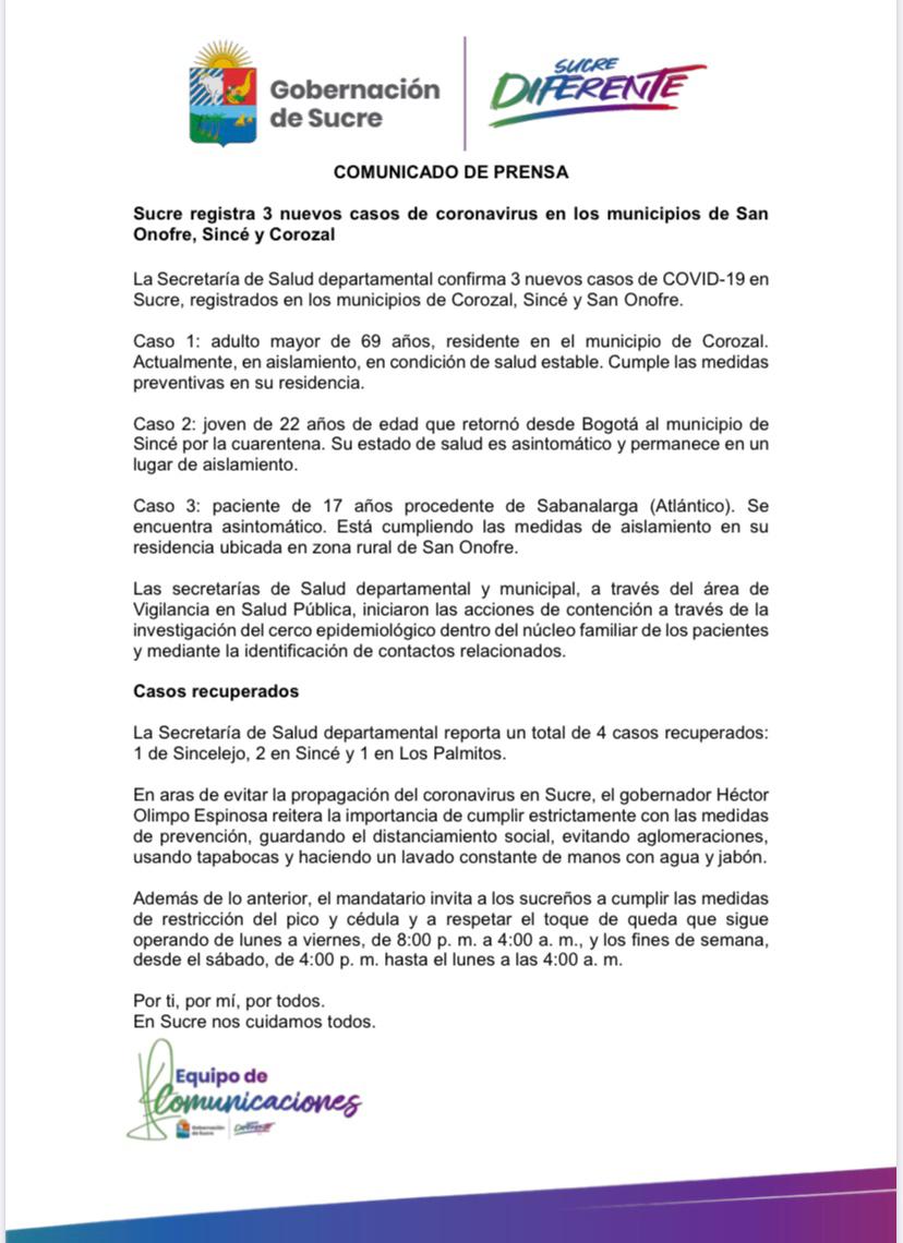 GobSucre's tweet photo. 🚨 Tres nuevos casos de covid-19 en los municipios de Corozal, Sincé y San Onofre.
La Secretaría de Salud confirma que los tres pacientes se encuentran en buen estado de salud, aislados y bajo estricta vigilancia epidemiológica.

Por ti, por mí, por todos
#EnSucreNosCuidamosTodos https://t.co/xLx6kQ4V8S