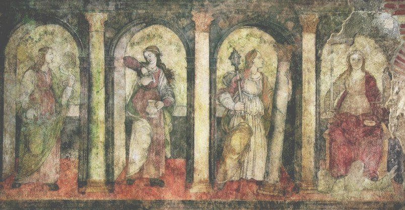 Cependant, le dessin est encore bien visible, ce qui permet d'identifier le thème de la fresque : il s'agit d'une représentation des Quatre vertus cardinales(ici, de gauche à droite : la Force, la Tempérance, la Prudence et la Justice)
