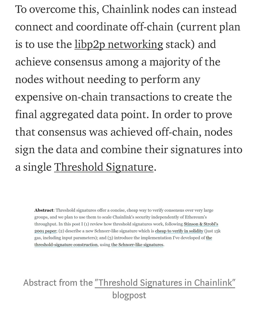 Additionally, Threshold Signatures enable Chainlink oracle networks to aggregate data off-chain and submit only a single transaction on-chain, no matter how many nodes are in the networkThis greatly lowers the per-node costs and makes blockchain network congestion a non-issue!