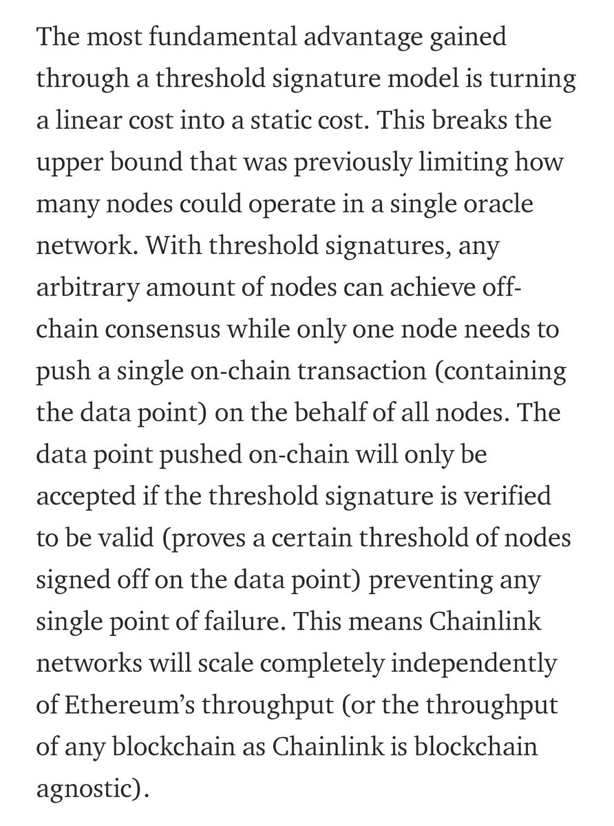 Additionally, Threshold Signatures enable Chainlink oracle networks to aggregate data off-chain and submit only a single transaction on-chain, no matter how many nodes are in the networkThis greatly lowers the per-node costs and makes blockchain network congestion a non-issue!