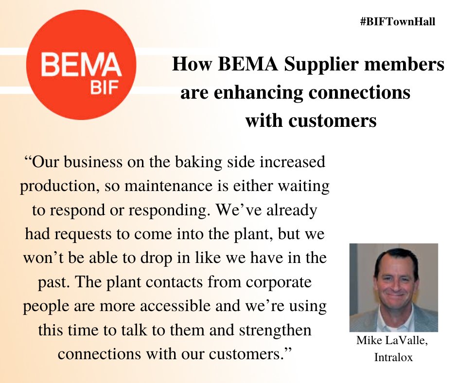 Don’t let social distancing negatively impact how you approach communication with peers. See how BEMA Supplier members are enhancing connections with customers. (Excerpts from the Baking Industry Forum Supplier #TownHall) #bakingindustry #BEMAconnectsyou <a href="/Intralox/">Intralox</a>