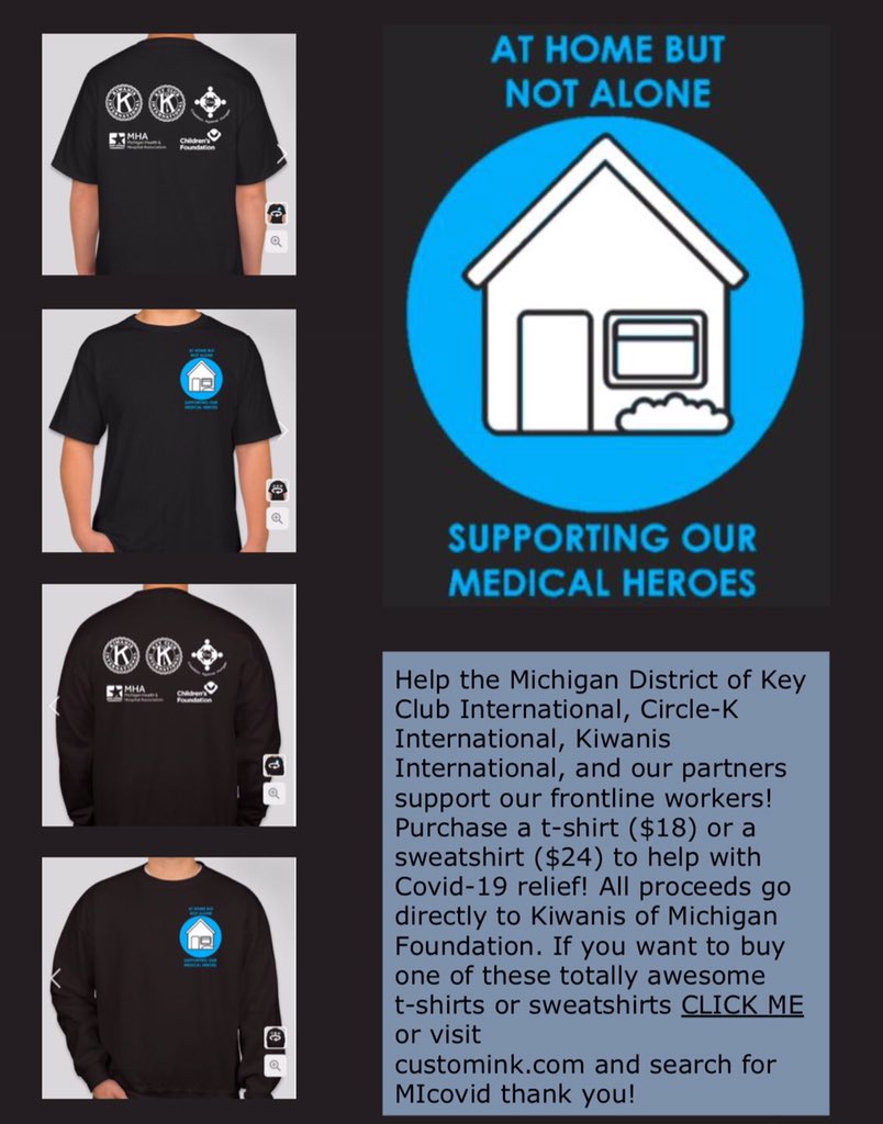 MichiganKeyClub's tweet image. Hey Key Clubbers! The Michigan District of Key Club International, Circle-K International, Kiwanis International, and our partners are teaming up to help support our frontline workers. You can purchase a t-shirt or sweatshirt here: customink.com/fundraising/mi… to help out!