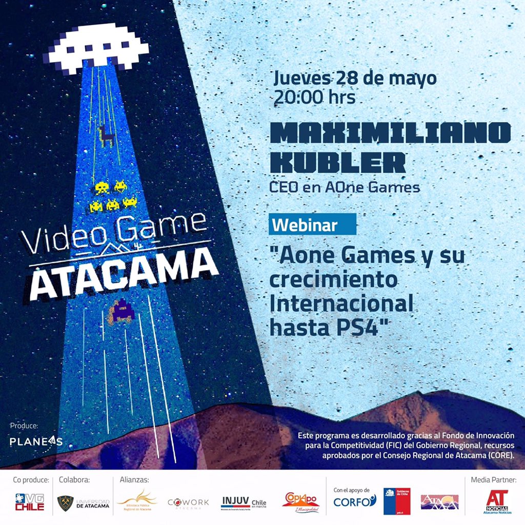 coworkatacama's tweet photo. [#Noticias]
💥🎮#VideogameAtacama realizará mañana, a las 20:00 horas el #Webinar “Aone Games y su crecimiento internacional hasta PS4”, que será dictado por Maximiliano Kubler, CEO de AOne Games.

¡Inscríbete! 👉 https://t.co/pnUwBLzK5J…

@CorfoAtacama @CORE_ATACAMA #Planeas https://t.co/4SR5JZAUcE
