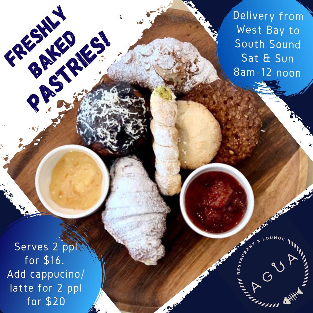 Sat &amp; Sun lazy mornings w/ brekkie delivered, fresh baked pastries &amp;  coffee delivered  or curb side pick up) from <a href="/AguaCayman/">AguaCayman</a> 
$16 for 2 ppl (pastries only)
Or add latte/cappuccino for 2 for $20. PRE-ORDERS ONLY 
info@agua.ky / 949 2482.
DELIVERY from WB to South Sound.
8am-12pm