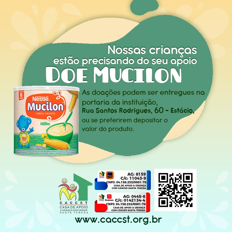 CACCST's tweet photo. Estamos precisando com urgência destes itens. As doações podem ser entregues na portaria da instituição ou se preferir através de depósito.

BRADESCO - Agência: 0445-6
Conta corrente: 0142134-4
Titular: Casa de Apoio à Criança com Câncer Santa Teresa
CNPJ: 04.158.233/0001-78 https://t.co/mleTuOJusD