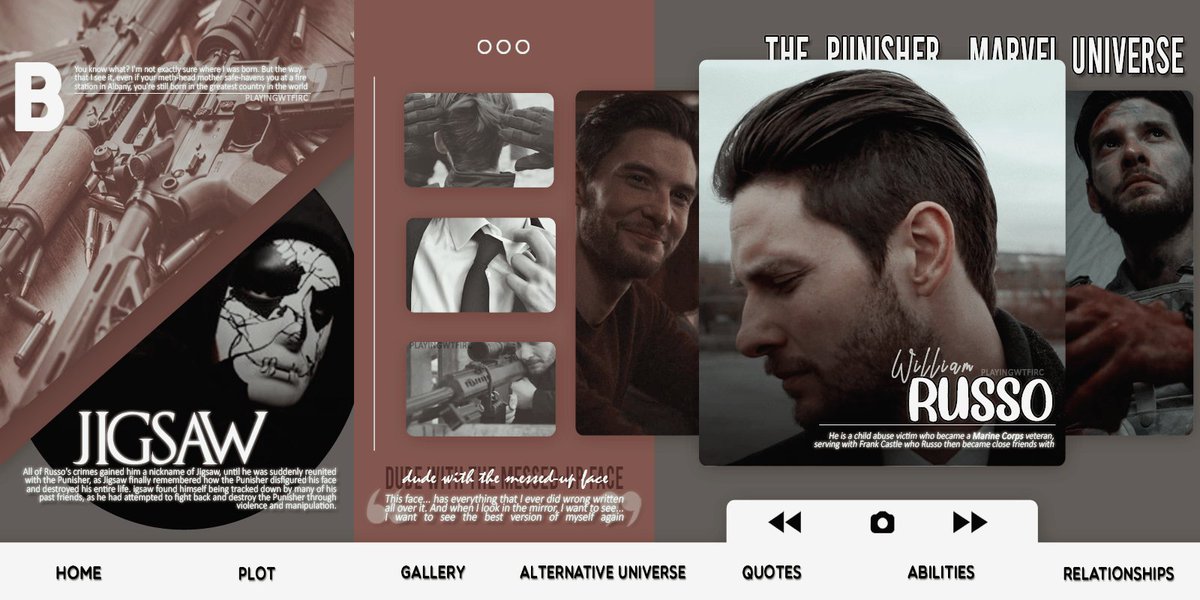 PLAYINGWTFIRC's tweet image. ㅤ

ㅤ       ▌ ▍❛ 𝐁𝐈𝐋𝐋𝐘 𝐑𝐔𝐒𝐒𝐎 ❜

 ━━ ╱╱ the only crime in a war
                  is to lose...
                  
   ⿻   #MARVEL / #THEPUNISHER.
   ╰ my own interpretation.
   ╰ rol med/ext. 

                              ↺ - ♡