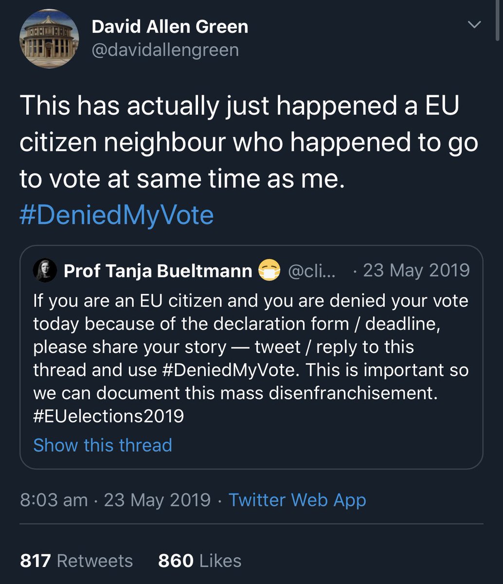 By the time I next looked at Twitter early in the morning—thanks, I think, largely to  @davidallengreen’s experience ealry in the morning (see below) which gave the problem early exposure—many  #DeniedMyVote stories were already beginning to emerge.