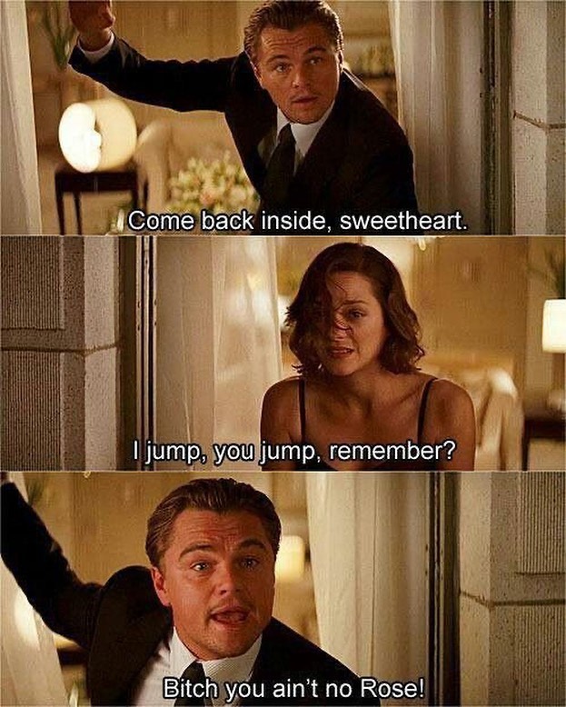 Bitch, you ain't no Rose!
#inception #titanic #leonardodicaprio #marioncotillard