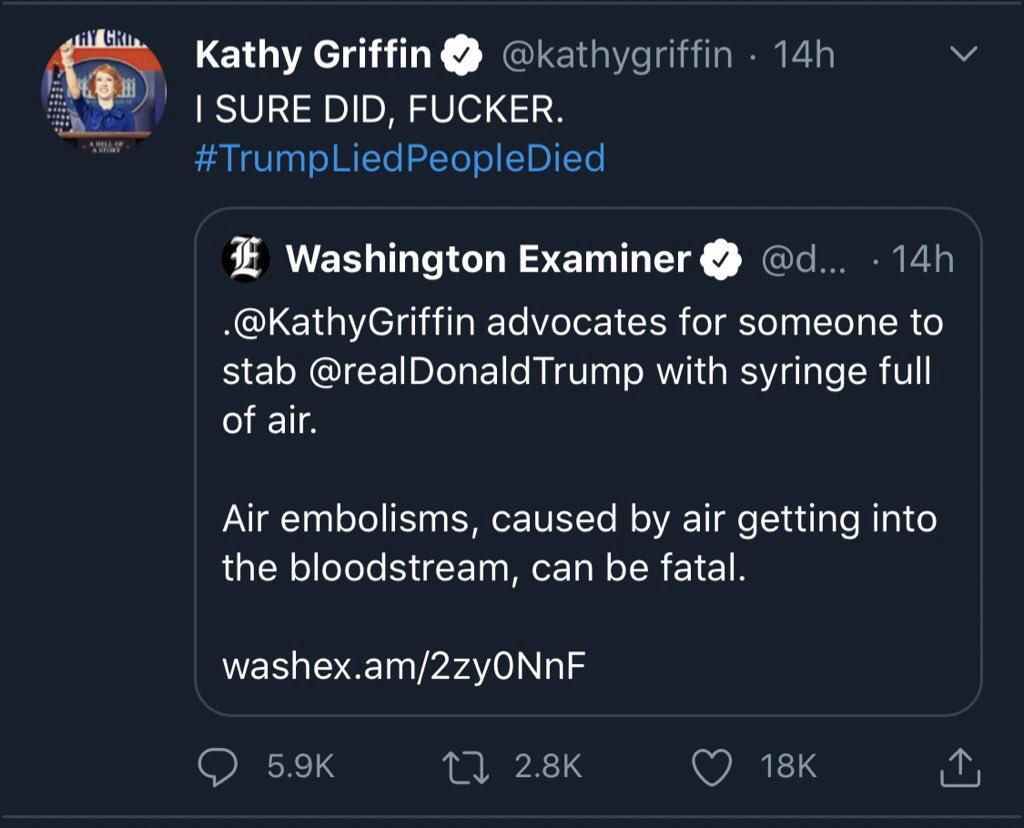 Twitter determined Kathy Griffin did NOT break the terms of service with this tweet where she encourages someone to kill  @realDonaldTrump. They won’t take action because "she’s not telling people to go do it."They said this despite the fact she‘s clearly advocating for it.