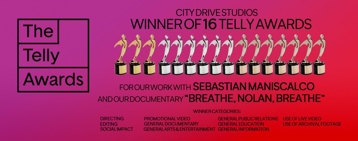 City Drive Studios is honored to announce that we have won 16 <a href="/tellyawards/">The Telly Awards</a> this year for our work with <a href="/SebastianComedy/">Sebastian Maniscalco</a> and our beloved documentary <a href="/NolanBurchDoc/">Breathe, Nolan, Breathe Documentary</a> Congratulations to our team who worked incredibly hard on these projects! #tellyawards