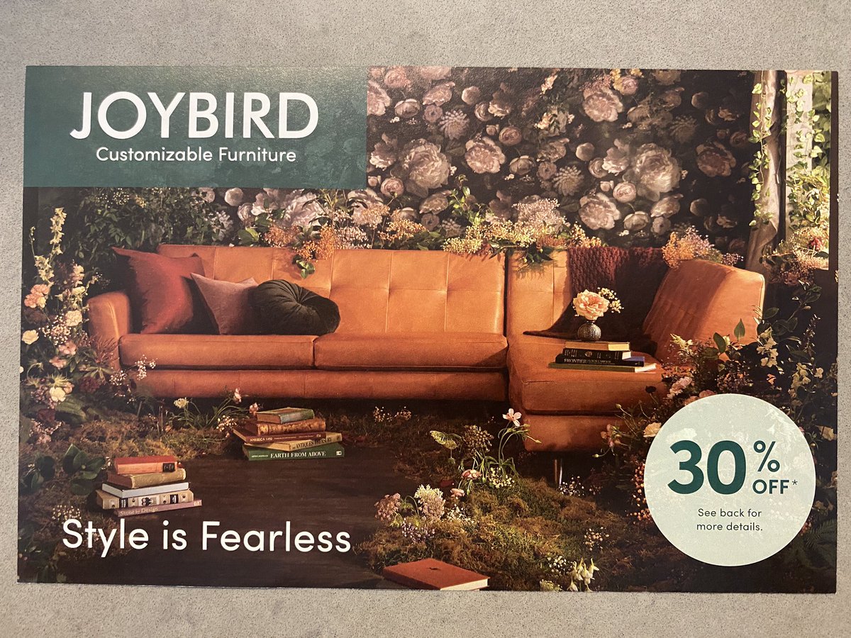 Someone at  @wearejoybird read a maximalist design manual and went ham with this photo shoot. I live 2 blocks away from a physical Joybird store, and that nod felt hyperlocal. Do we think these offer-based ads and hefty discounts ultimately devalue brand? 