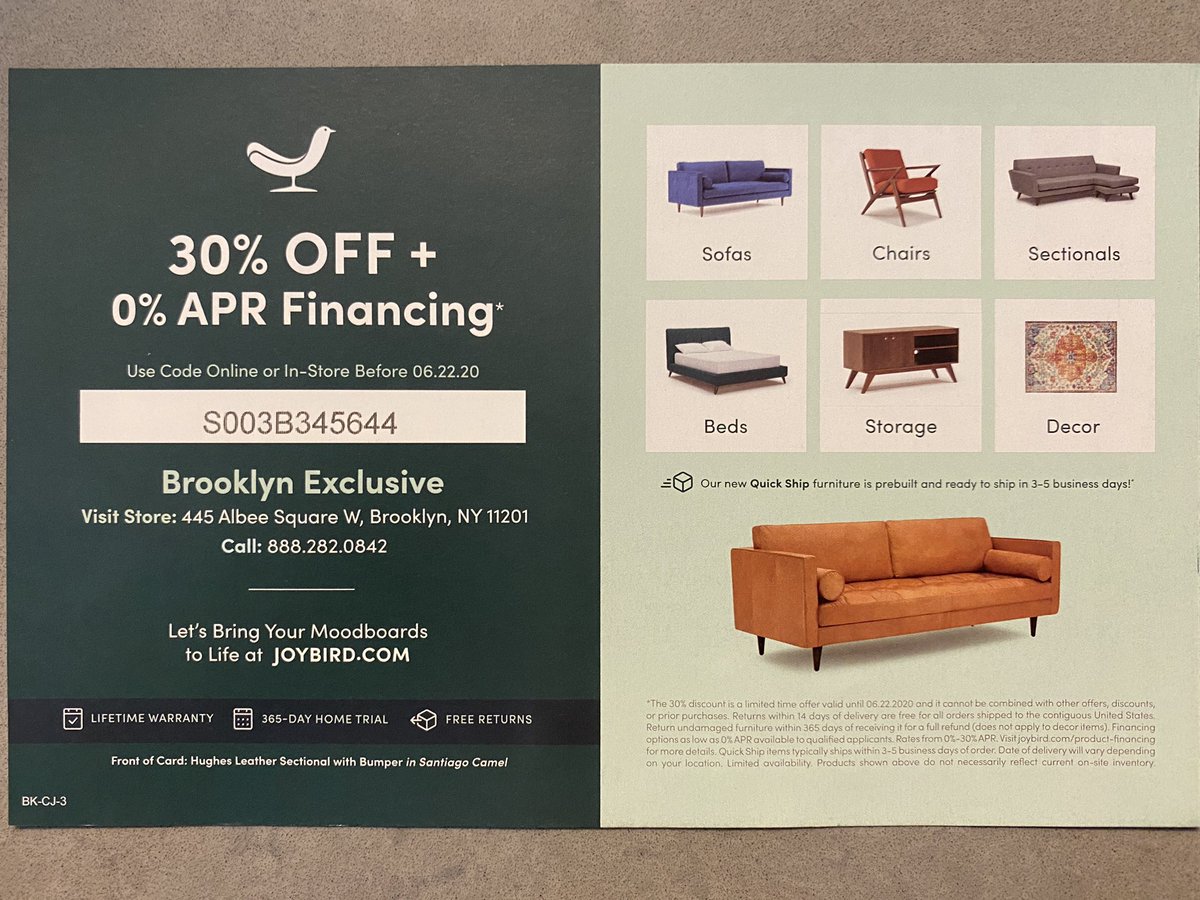 Someone at  @wearejoybird read a maximalist design manual and went ham with this photo shoot. I live 2 blocks away from a physical Joybird store, and that nod felt hyperlocal. Do we think these offer-based ads and hefty discounts ultimately devalue brand? 