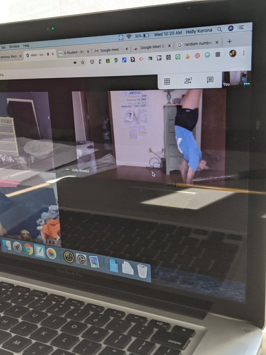 Mrs_BronkoTeach's tweet photo. Today during our optional Google meet check-in, Addie, Moira, and I practiced our handstands...Cindy also joined in on the fun! Happy Wellness Wednesday! https://t.co/Zp6EbLoRvx