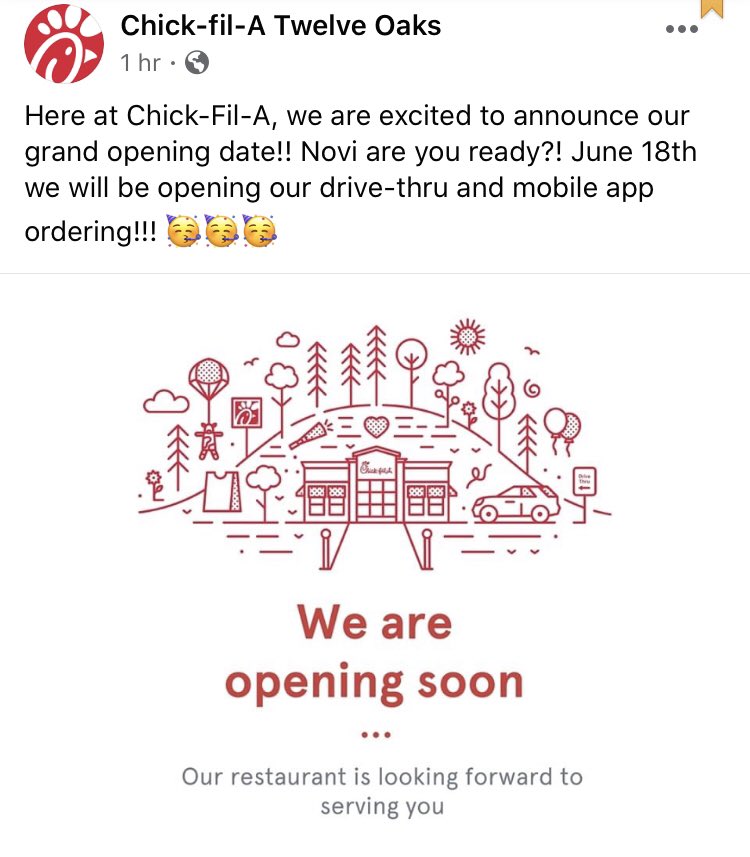 cityofnovi's tweet photo. Well, well, well...guess it’s probably about time to claim a spot in line now. @ChickfilA will be open in Novi on June 18. https://t.co/RGZJUJEcMC