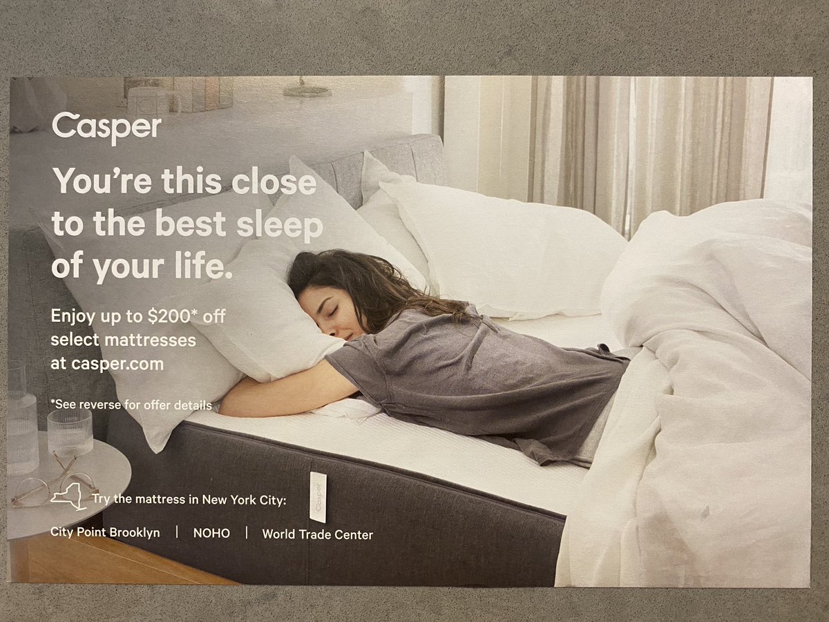 I also live 2 blocks away from a  @Casper retail location, so this location-based targeting makes a lot of sense. Love how the brand shows the human enjoying their slumber on a higher-end mattress. That, plus the wood head board makes the Wave seem much more premium.