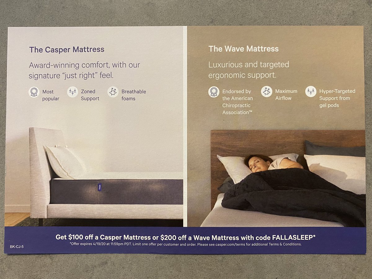 I also live 2 blocks away from a  @Casper retail location, so this location-based targeting makes a lot of sense. Love how the brand shows the human enjoying their slumber on a higher-end mattress. That, plus the wood head board makes the Wave seem much more premium.