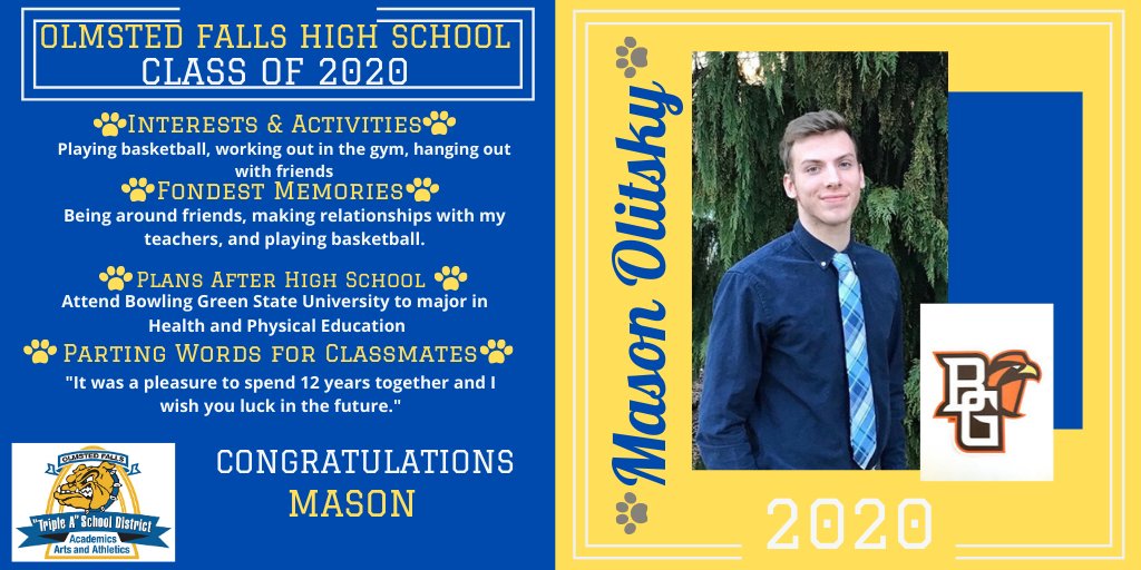 ofhsbulldogs's tweet photo. Senior Spotlight: Congratulations Mason Olitsky, a graduating senior from the Olmsted Falls HS Class of 2020. We're proud of you! Good luck! Watch for more spotlights every day in May! @OFCSDistrict @OFHSLeoSpagnola @fallsclass2020 #OFClassof2020 #TheBulldogWay https://t.co/Jmj7pulIHK