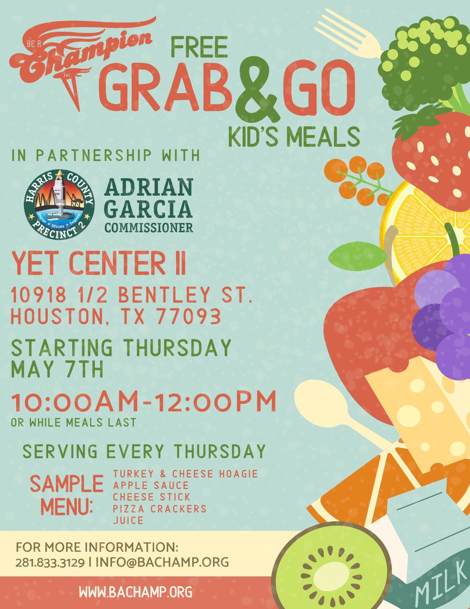 HarrisCoPct2's tweet photo. TOMORROW, we will be providing meals for many families in #Pct2. Do you know anyone that may be in need? Please share these flyers w/ them! No registration is needed for any of the events below. See flyers for more details. #Pct2Strong #MealsForAll #KidsMeals #BrownBagLunches https://t.co/iyGJqi1OLx