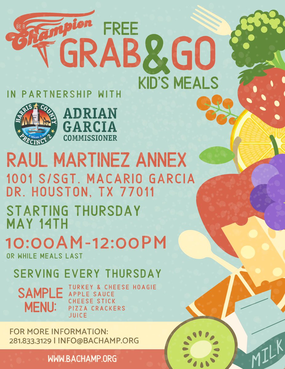 HarrisCoPct2's tweet photo. TOMORROW, we will be providing meals for many families in #Pct2. Do you know anyone that may be in need? Please share these flyers w/ them! No registration is needed for any of the events below. See flyers for more details. #Pct2Strong #MealsForAll #KidsMeals #BrownBagLunches https://t.co/iyGJqi1OLx