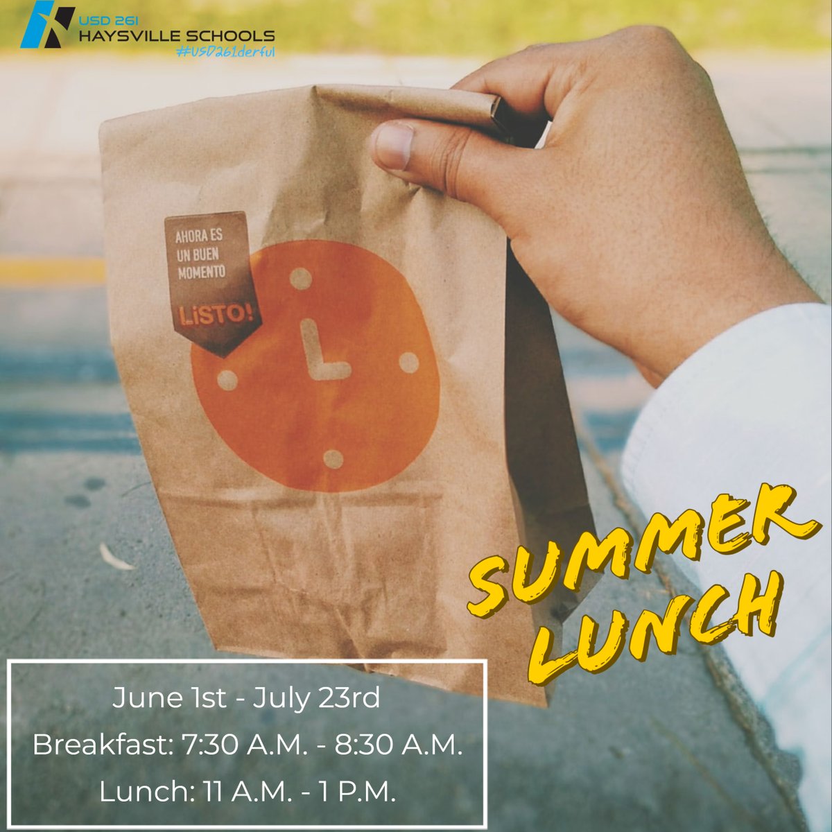 Our Summer Lunch program begins 6/1 ! You can pick up breakfast &amp; lunch Mon. - Thurs.  <a href="/CampusColts/">@campuscolts</a> , Nelson, or HMS.  

For more info on our food service program, click link. 
usd261.com/Foods/index.php

#usd261derful
