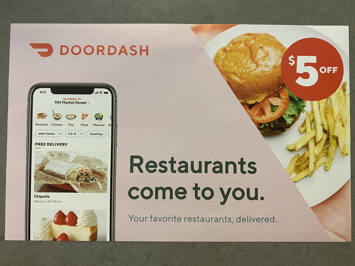 I was getting worried that none of these ads had enough millennial pink in them.  @DoorDash to the rescue. This mailer was pre-Covid, so I’m sure this offers have gotten a lot more aggressive.