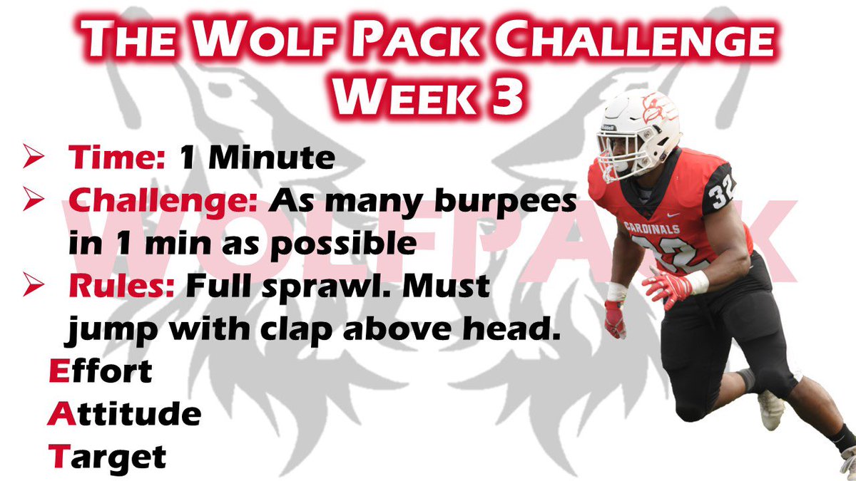 CoachDomClegg's tweet photo. 🚨🚨🚨🚨🚨🚨🚨🚨🚨🚨🚨🚨

The call went out Monday to the Pack! But week three is putting it all together. 

We got #BURPEES🗣💨

Grind them out and have a little fun with it!

#EAT
#A1phaDogs🐺🐶
#DubU⚫️🔴
#WolfPackChallenge🐺🏆 https://t.co/ZyxJcVO9Xm