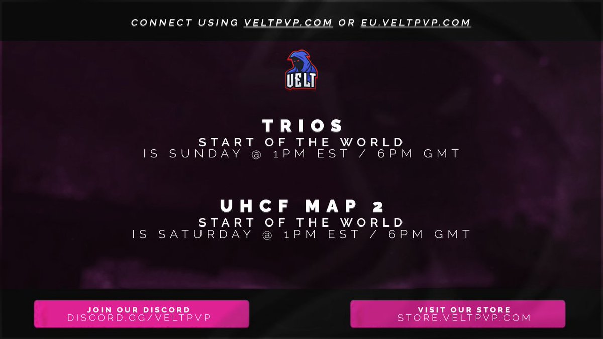 VeltPvP's tweet image. Week 2 of our Summer Update is here! ☀️

★ UHCF Map 2 - Saturday @ 1PM EST / 6PM GMT
★ Trios - Sunday @ 1PM EST / 6PM GMT

🗒 veltpvp.com/thread/2110/Su…

In celebration, we're giving away the following:
★ 2 Velt+ Rank
★ 2 Lord Ranks

❤️, 🔄 and comment your IGN below to enter!