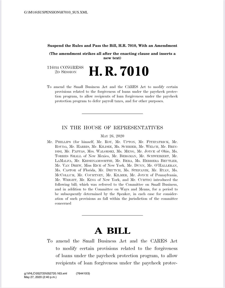New version of the House PPP bill is here. It would ease loan forgiveness rules by setting a 60 percent minimum for payroll spending (down from 75) and give businesses 24 weeks to use the funds (up from eight) https://t.co/Q2Nf1ZRR2j