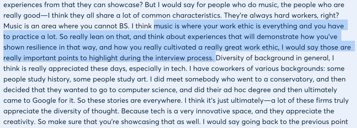 HOW TO SWITCH INDUSTRIES AS A MUSICIANMusic, like no other industry, connotes a fanatical work ethic in a way shared by few other industries. In an interview, lean on that.—Kellie Rong, classical soprano and Global Program Manager  @Google