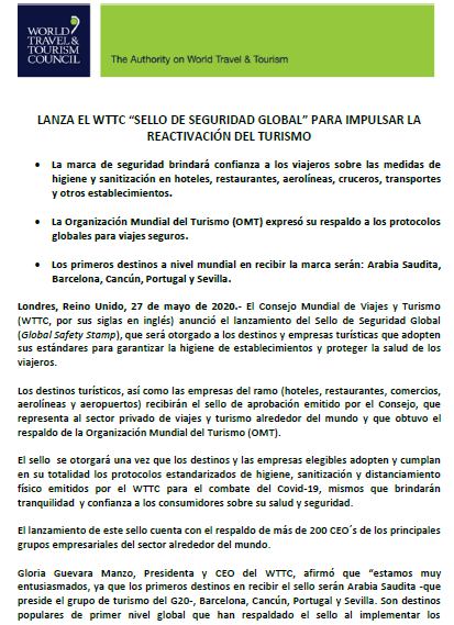 GGuevaraM's tweet photo. El @WTTC anuncia el lanzamiento del Sello de Seguridad Global (Global Safety Stamp), que será otorgado a los destinos y empresas turísticas que adopten nuestros estándares globales para garantizar la higiene de establecimientos y proteger la salud de los viajeros #safetravels https://t.co/MRnXXzKQCL