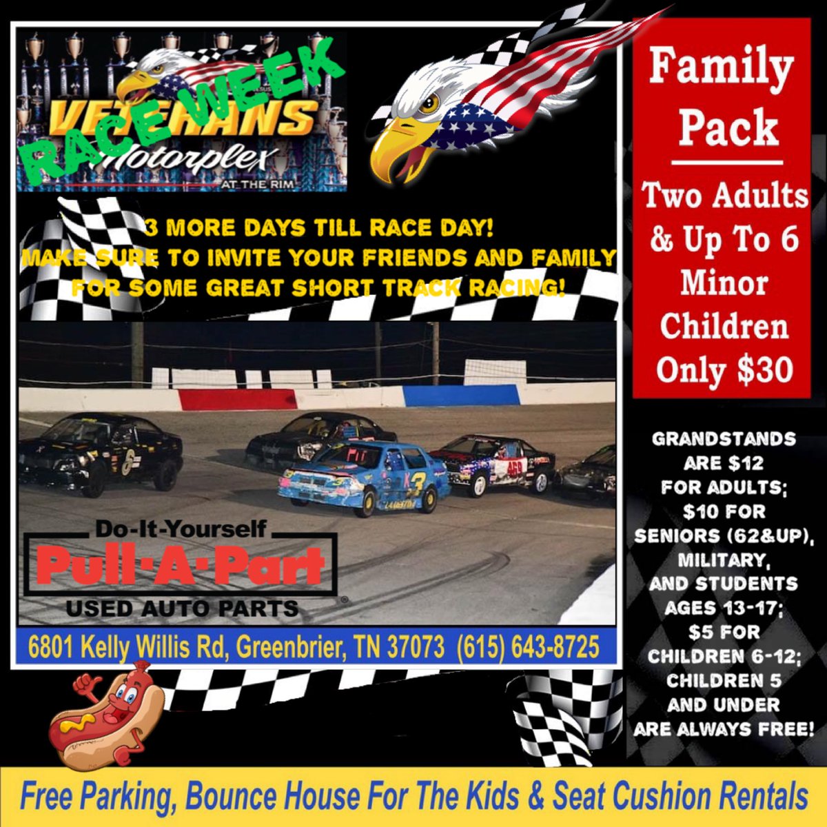Saturday May 30th is our first race day of the season.

Y’all get ready for some outdoor fun with your whole family!  Grandstands are $12 for adults; $10 for seniors (62&amp;up), military, and students ages 13-17; $5 for children 6-12; children 5 and under are always FREE!