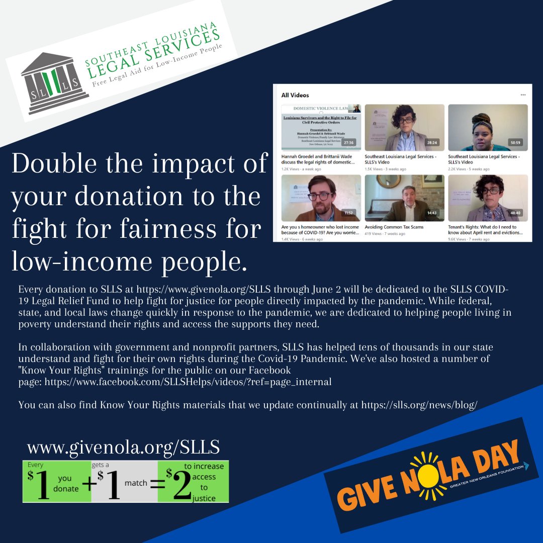 Donate at givenola.org/SLLS to support the SLLS COVID-19 Legal Relief Fund. While federal, state &amp; local laws change quickly in response to the pandemic, we are helping people living in poverty understand their rights. See facebook.com/SLLSHelps/vide… and slls.org/news/blog/