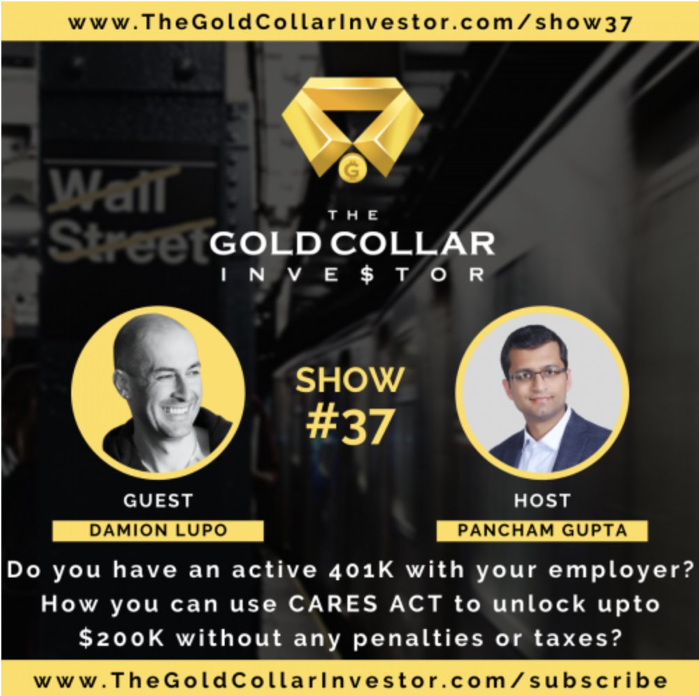 damionlupo's tweet photo. Had a great time on The Gold Collar Investor Podcast today! Do you have a 401(k) with your employer? You can use the CARES ACT to unlock your money with NO penalties, NO taxes. Listen here: https://t.co/MVJxdHBl4L https://t.co/dYKOlmTr22