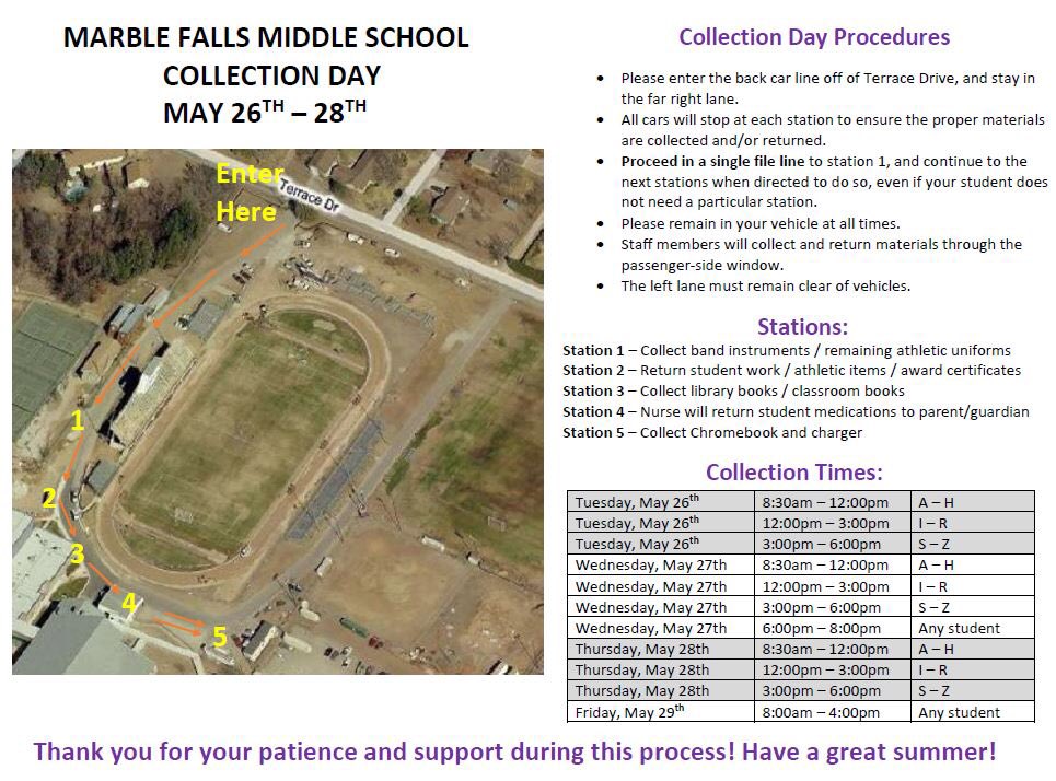 mfisdSTEAM's tweet photo. Device collection will be closing at 6pm today due to the impending weather. We will have extended hours tomorrow on Thursday. 💜💛🐴💛💜 @MarbleFallsISD https://t.co/SeB9z61o7x