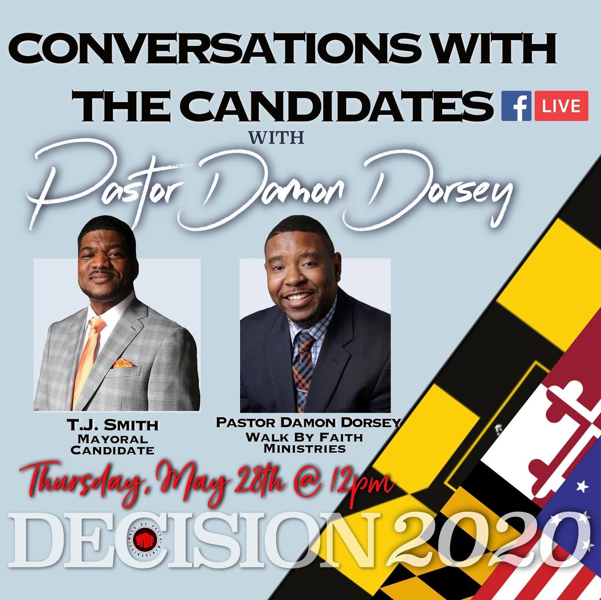 damedorse's tweet photo. Two GREAT candid conversations with candidates today and one more to go tonight at 8pm with Tori Rose (City Council District 7)
*on my FB Live page* 

Here is the schedule for Tomorrow: 
TJ Smith - May 28th @12pm
Nick Mosby - May 28th @8pm 
#MeetTheCandidates #FaithForBaltimore https://t.co/Qfb6xW3vNj