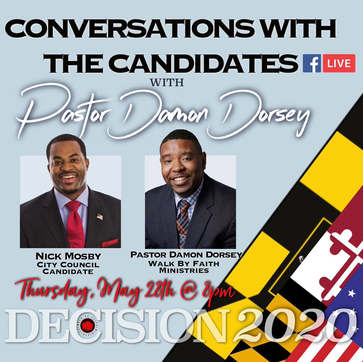 damedorse's tweet photo. Two GREAT candid conversations with candidates today and one more to go tonight at 8pm with Tori Rose (City Council District 7)
*on my FB Live page* 

Here is the schedule for Tomorrow: 
TJ Smith - May 28th @12pm
Nick Mosby - May 28th @8pm 
#MeetTheCandidates #FaithForBaltimore https://t.co/Qfb6xW3vNj