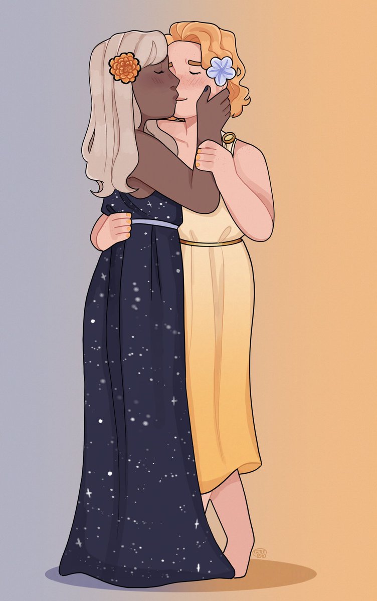 Selene and Alectrona (Greek Goddess of the moon and Greek goddess of the sun)💕💖🏳️\u200d🌈  #art #draw #drawing #greekmythology #goddess #alectrona #selene #digitalart  #procreate #sketchbook #redraw #greekgoddess #lgbt #lesbian #sun #moon, image size:752x1200
