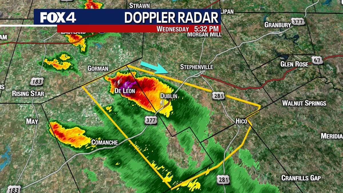 A severe storm near DeLeon is moving southeast at 35-40 mph. The storm is likely producing quarter to half dollar size hail and up to 60mph gusts. Erath, Comanche and northern Hamilton counties are all in the warning.