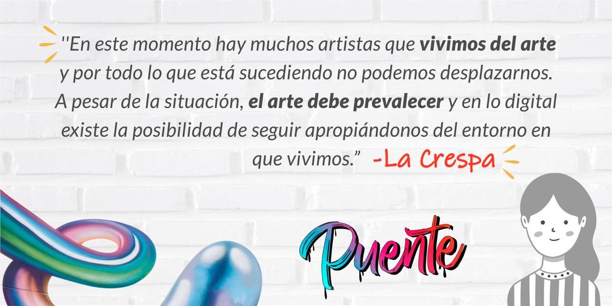 pintuco_oficial's tweet photo. Una de las artistas de #Puente, nos cuenta sobre la importancia de esta iniciativa. ¡El arte debe prevalecer! 🤩
De la mano de @Graffitidela5 y #Contraforma estamos apoyando a los artistas durante este tiempo de contingencia. 
#ApoyaElArteUrbano 
#FundaciónPintuco https://t.co/HjY8ez00kP