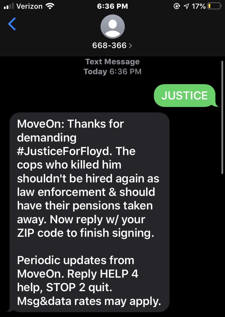 text JUSTICE to 668-366 to sign the petition