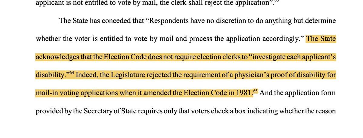 A win for the state in that the court holds lack of COVID immunity is not a disability within the meaning of Texas election law. But at the end of the opinion, the court says that election officials have no legal obligation to investigate a voter's asserted reason.  #txlege 2/