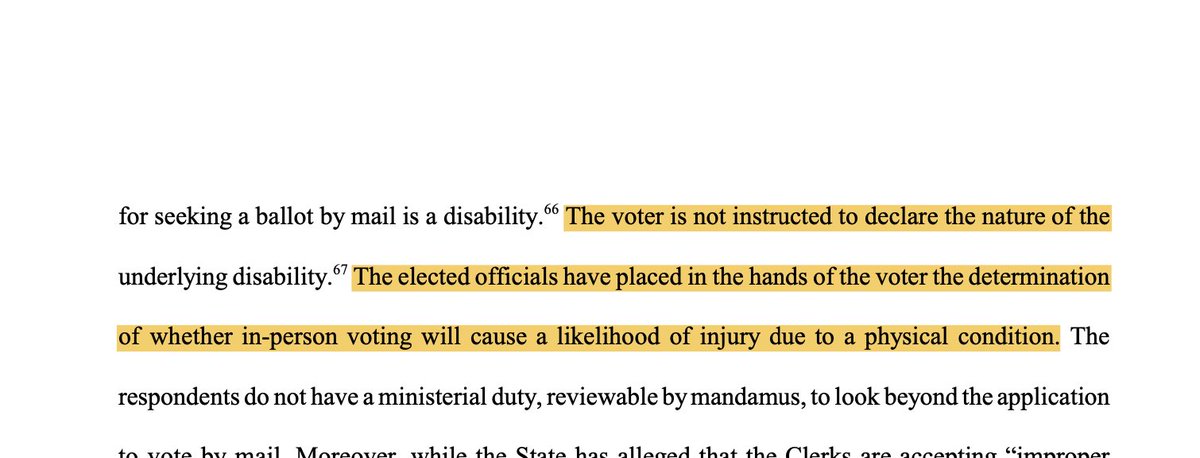 The court also goes on to say that “elected officials have placed in the hands of the voters the determination of whether in-person voting will cause a likelihood of injury due to a physical condition.”  #txlege 3/