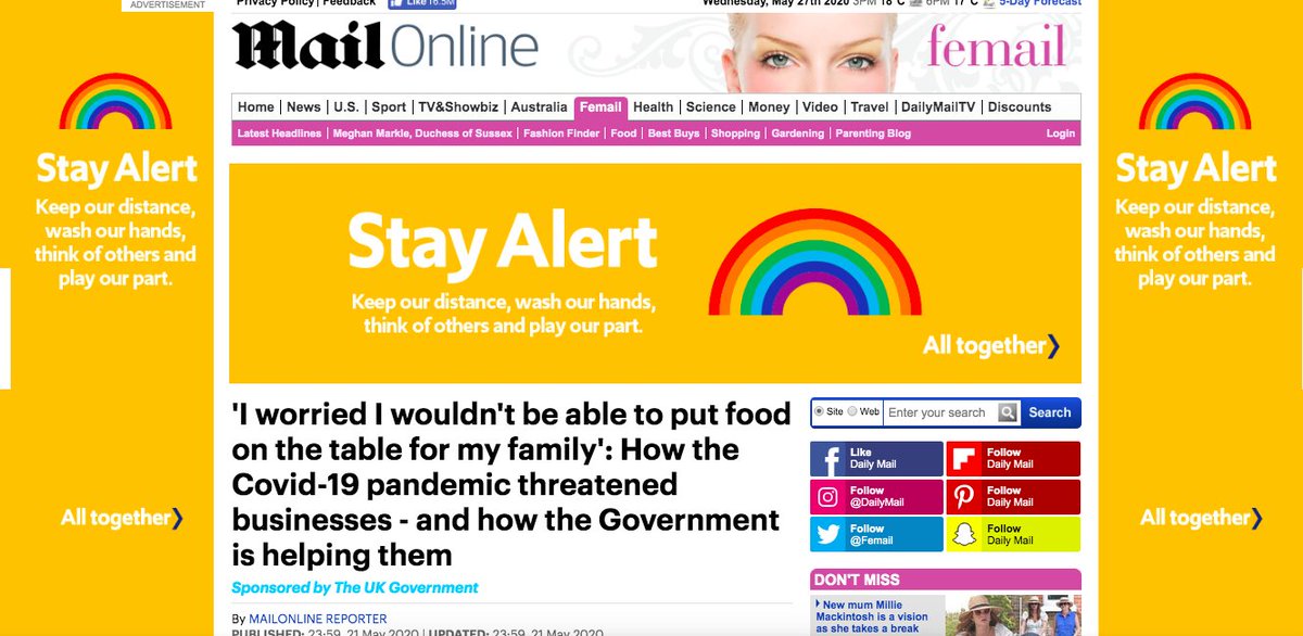 And this is what it looks like on desktop. So that's what? £65k for the article? Then how much for banner and column? Which department is running these? Is it you  @Number10press? Can you please fill us in? 'Stay alert' is public health messaging. But 'how the govt is helping'?!?